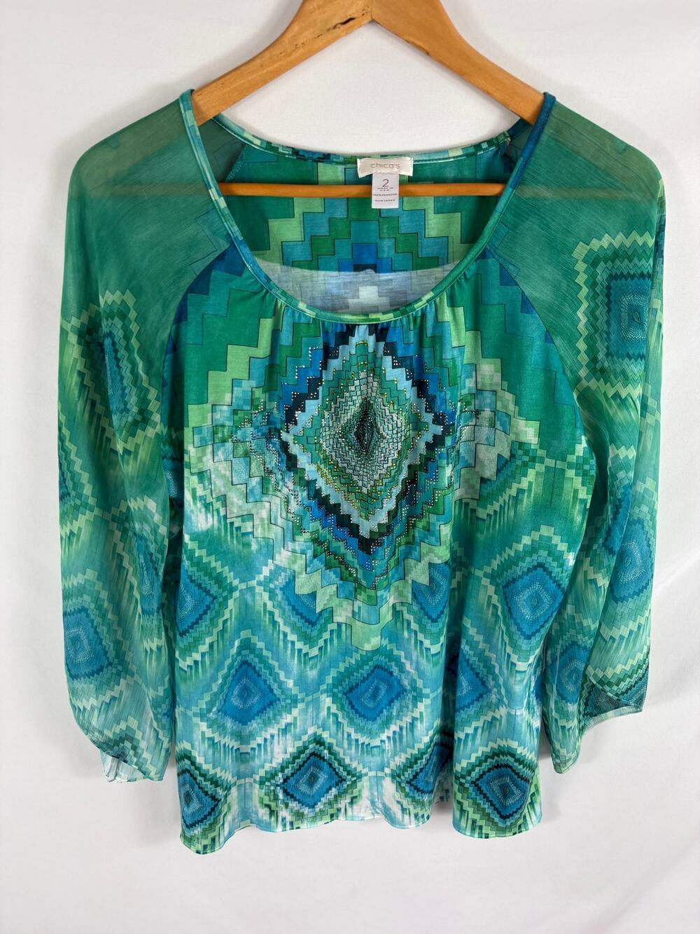 Chicos Green Blue Patterned Blouse Size 2 / Large